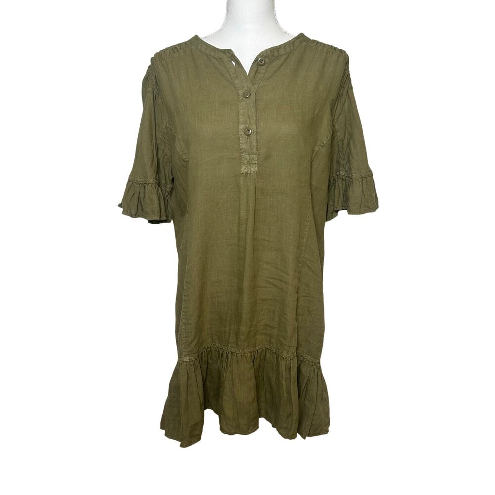 Joie Brandt olive green 100% linen ruffle mini relaxed ruffle dress size M